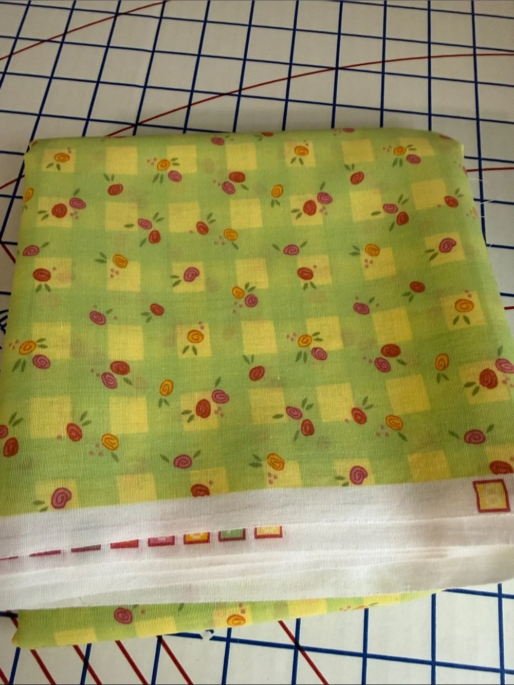 Vintage Green Floral Check Polyester Blend Fabric 1.5 Yards x 44 Retro Spring